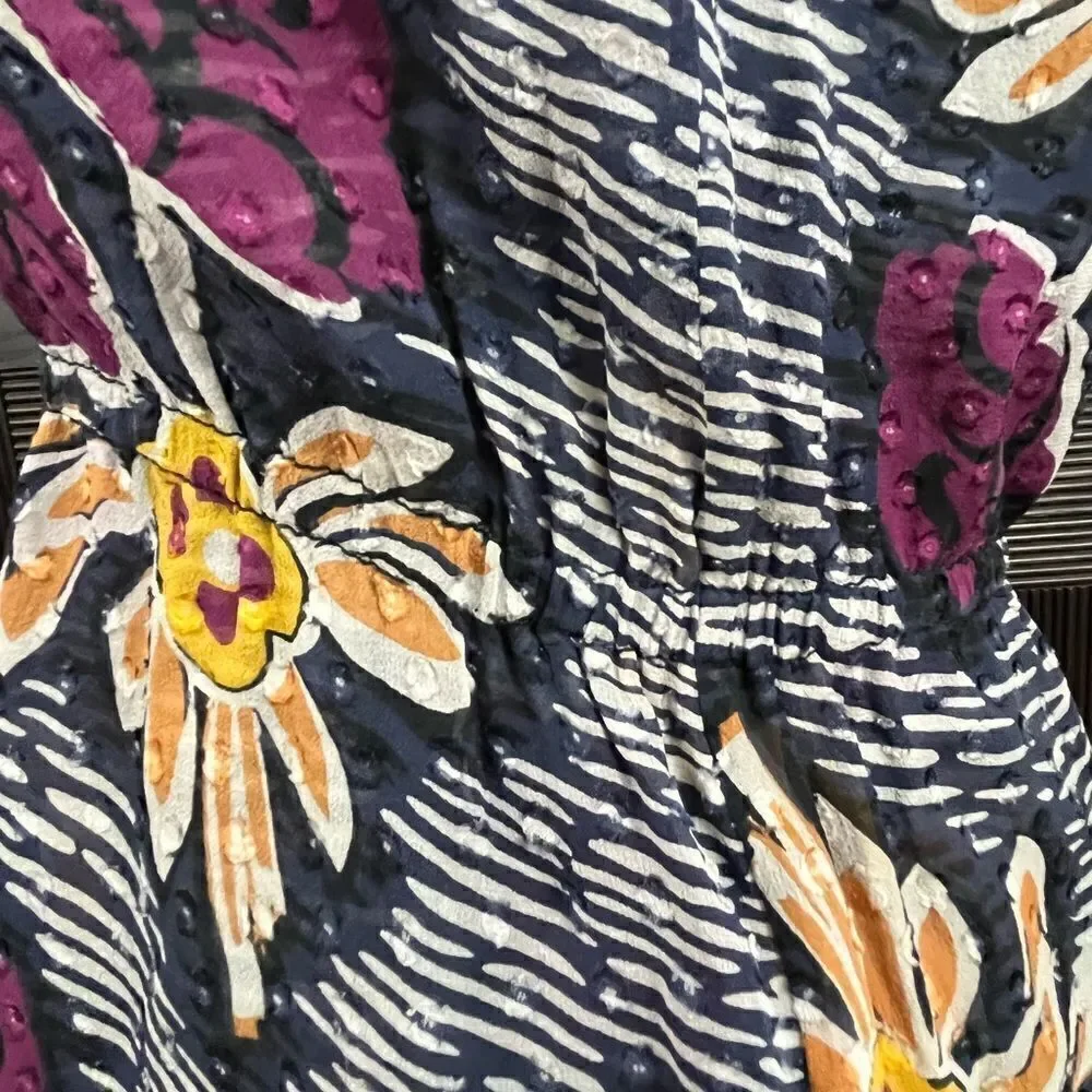 Tory Burch Silk Navy/White/ Purple Floral Peplum Style Blouse Small